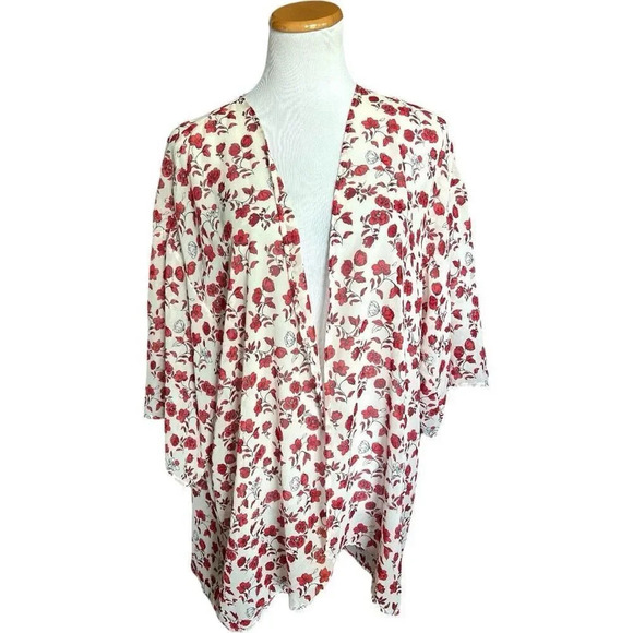 Womens H&M Divided Floral Print Red Poppy Lightweight Kimono Poncho - Sz Large - Picture 2 of 3
